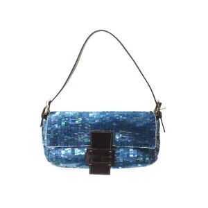 FENDI Mamma Bucket One Shoulder Hobo Bag Sequins Beads Blue